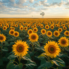 Fototapeta premium A vast sunflower field with a windmill in the distance under a bright sky