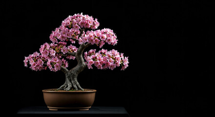 Fototapeta premium Cherry blossom bonsai tree in a pot on a black rustic table at an isolated background