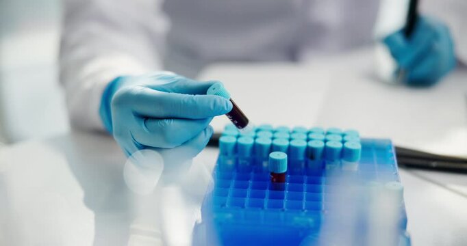 Blood, research and hands of scientist in laboratory with sample for science, medical study or investigation. Healthcare, pharmaceutical and person with DNA test vial, RNA analysis and writing notes