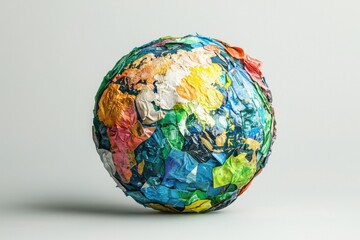 Fototapeta premium A colorful, textured globe made of crumpled materials symbolizes environmental awareness and creativity in art.
