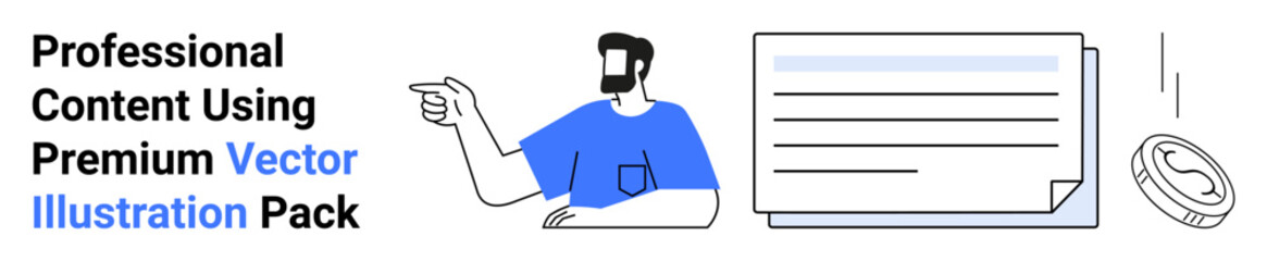 Man pointing towards a text box with a dollar coin accentuating business, finance, and communication themes. Ideal for marketing, content creation, education, financial planning, presentations