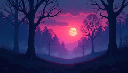 Misty forest, skeletal trees claw at twilight sky, gothic, light, fading