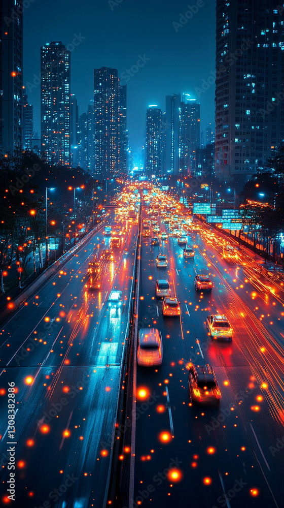 Poster a futuristic smart cityscape illuminated by digital iot connectivity with a vast network infrastruct