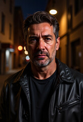 Intense gaze of a mature man standing in dim alleyway, mystery
