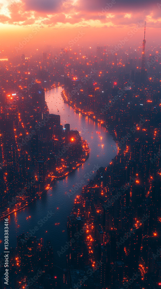 Poster a futuristic smart cityscape illuminated by digital iot connectivity with a vast network infrastruct