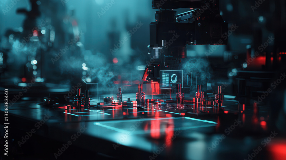 Poster automated industrial production system with glowing components and mist, showcasing advanced technol