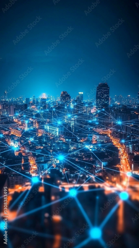 Poster a futuristic smart cityscape illuminated by digital iot connectivity with a vast network infrastruct