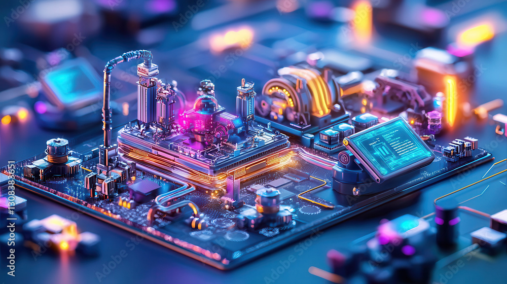Poster vibrant cyber physical production system featuring real time ai technology, showcasing intricate cir