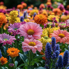A vibrant garden with a variety of colorful flowers in full bloom