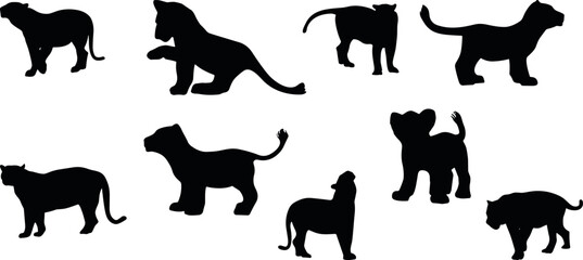 Set of silhouettes of lion in various poses