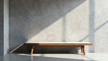 Modern Minimalist Wooden Bench Against a Concrete Wall with Sunlight Streaming Through
