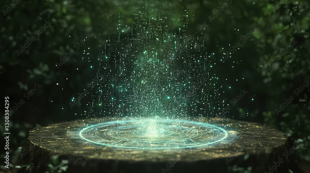 Poster glowing digital hologram interface emerges from tree stump in forest, surrounded by sparkling partic