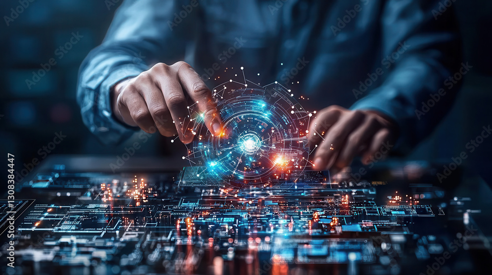 Aufkleber digital hologram interface with glowing circuits and hands interacting, showcasing technology and in