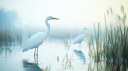 Obraz premium Two elegant white herons stand in a misty wetland, surrounded by tall grasses and still water, creating a serene and tranquil atmosphere.