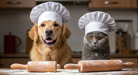 Happy chef dog and cat wearing a cook hat