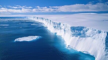 A stunning aerial view of a massive ice shelf meeting the ocean, showcasing brilliant blue water and a stark white landscape under a clear sky.