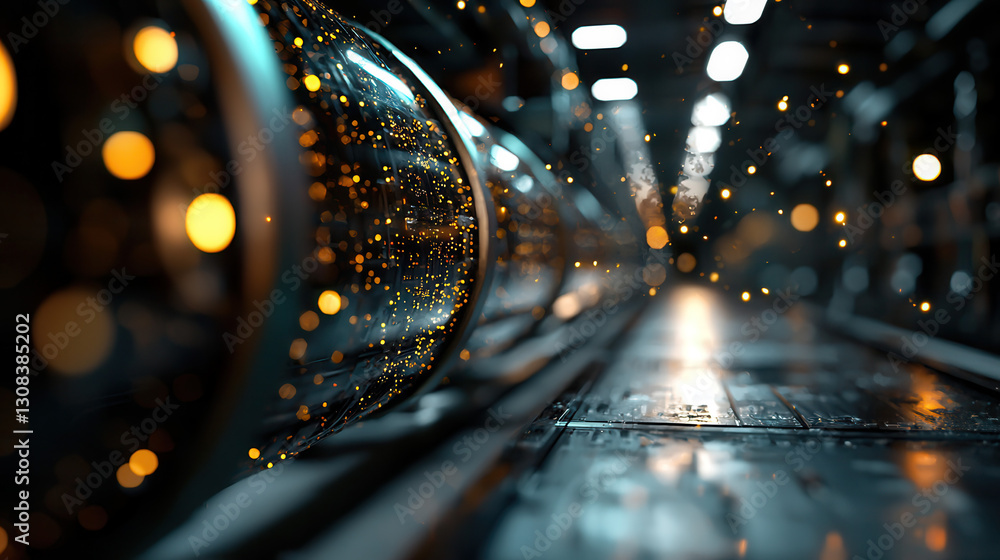 Poster futuristic tunnel with glowing particles and reflective surfaces, creating mesmerizing atmosphere
