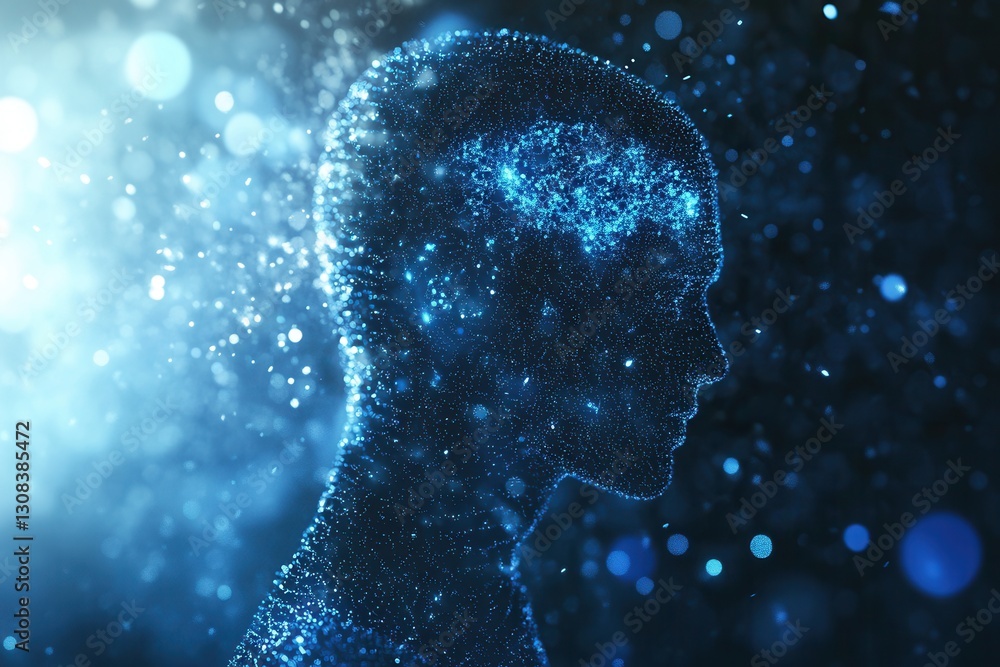 Poster Floating digital particles form a human silhouette representing the impact of AI on modern politics in a futuristic setting Generative AI