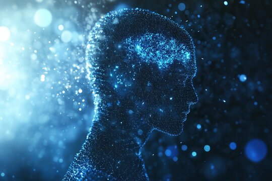Floating digital particles form a human silhouette representing the impact of AI on modern politics in a futuristic setting Generative AI