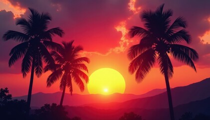 Silhouetted palms against vibrant sunrise, fiery sky , background, summer
