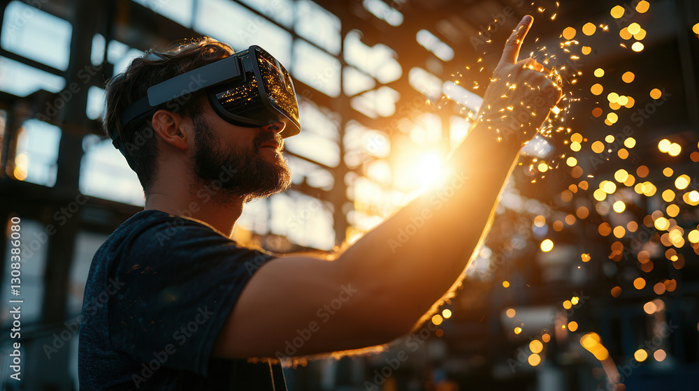 Poster immersive experience of man using augmented reality in industrial setting, surrounded by sparks and 