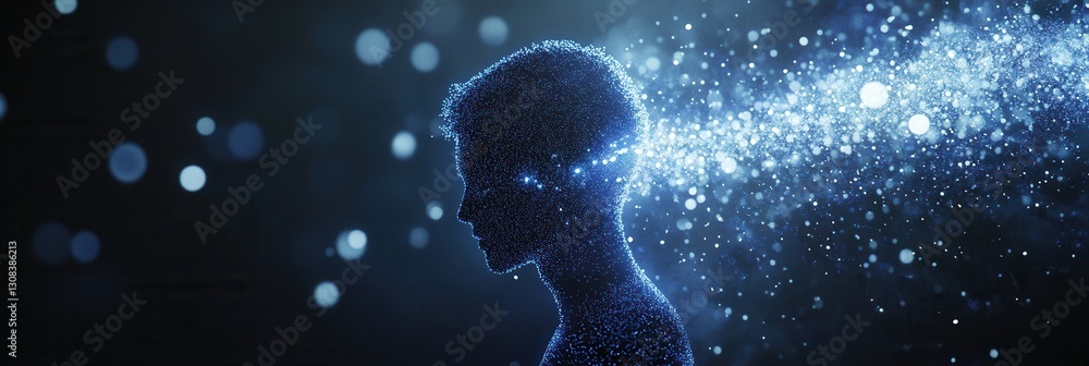 Poster futuristic digital particles forming human silhouette represent ai driven politics in sleek dark blu