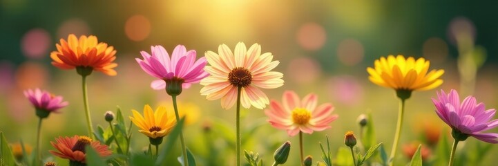 Obraz premium Close-up view of diverse wildflowers, soft sunlight , detail, pretty