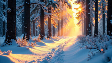 A breathtaking snowy forest path bathed in golden sunlight.  Focus on depth, mood, and atmosphere.  Vibrant lighting and a serene, mystical vibe.  High quality, professional style.  Include glistening