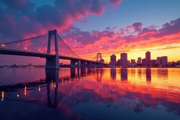 Fototapeta premium Coronado Bridge, San Diego sunset skyline reflection, vibrant, horizon