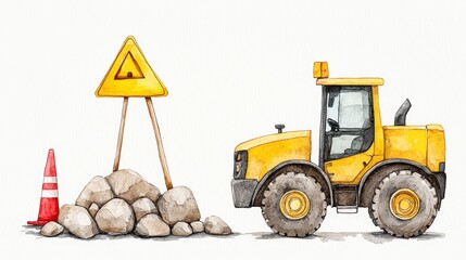 Yellow Construction Tractor Beside Warning Sign and Pile of Rocks on Light Background