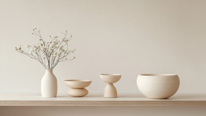 Fototapeta premium Minimalist aesthetic display with dried flowers and ceramic bowls on a light wooden shelf.