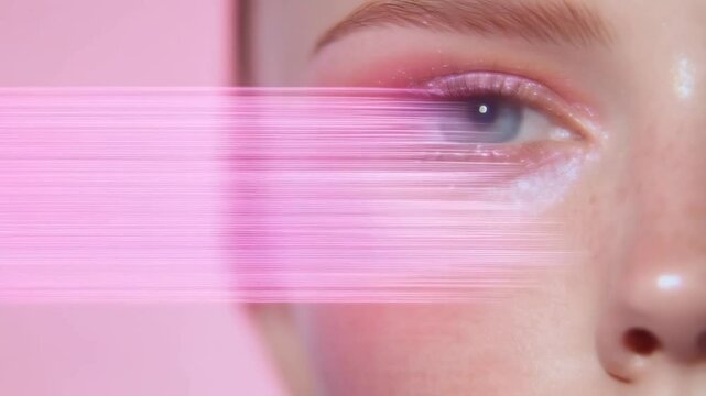 Woman eye close-up with bright pink makeup and moving horizontal lines. Abstract beauty concept for fashion or cosmetics advertising.
