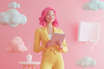 Smiling woman with pink hair in yellow suit uses tablet, surrounded by pastel clouds.