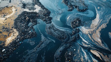 Aerial view of swirling patterns in water, showcasing a blend of colors and textures, resembling abstract art inspired by natural formations.