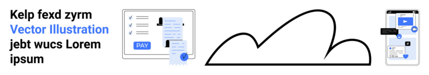 Cloud with two devices representing online payment and data transfer. Ideal for technology, cloud storage, e-commerce, digital payments, connectivity, data management, abstract line flat metaphor
