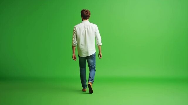Man walking away chroma key green screen copy space studio.