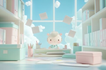 Cute cartoon character working at a pastel-colored desk, surrounded by papers and books in a bright office.
