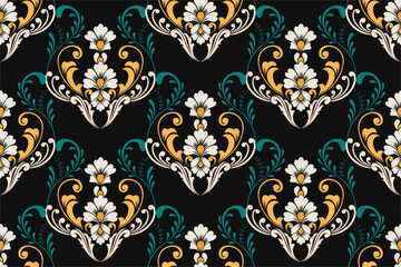 Bold damask pattern on black with vibrant gold and teal floral motifs, framed by decorative borders. Ideal for fashion, interior design, invitations, or branding.