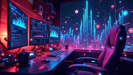 Crypto trading aesthetics, Neon-infused crypto trading room with vibrant monitors real-time bar charts and glitching futuristic interfaces in motio