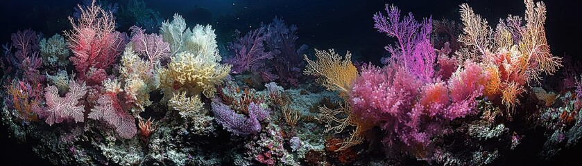 Fototapeta premium A vibrant underwater coral reef showcasing a stunning array of colorful corals in a peaceful marine environment.