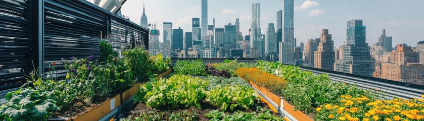 Fototapeta premium A lush rooftop garden filled with vibrant plants, set against a backdrop of a modern city skyline on a sunny day.