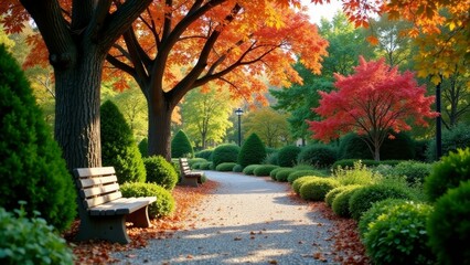 Autumnal Pathway Serene Garden Scene with Benches Under Colorful Trees and Lush Green Shrubs