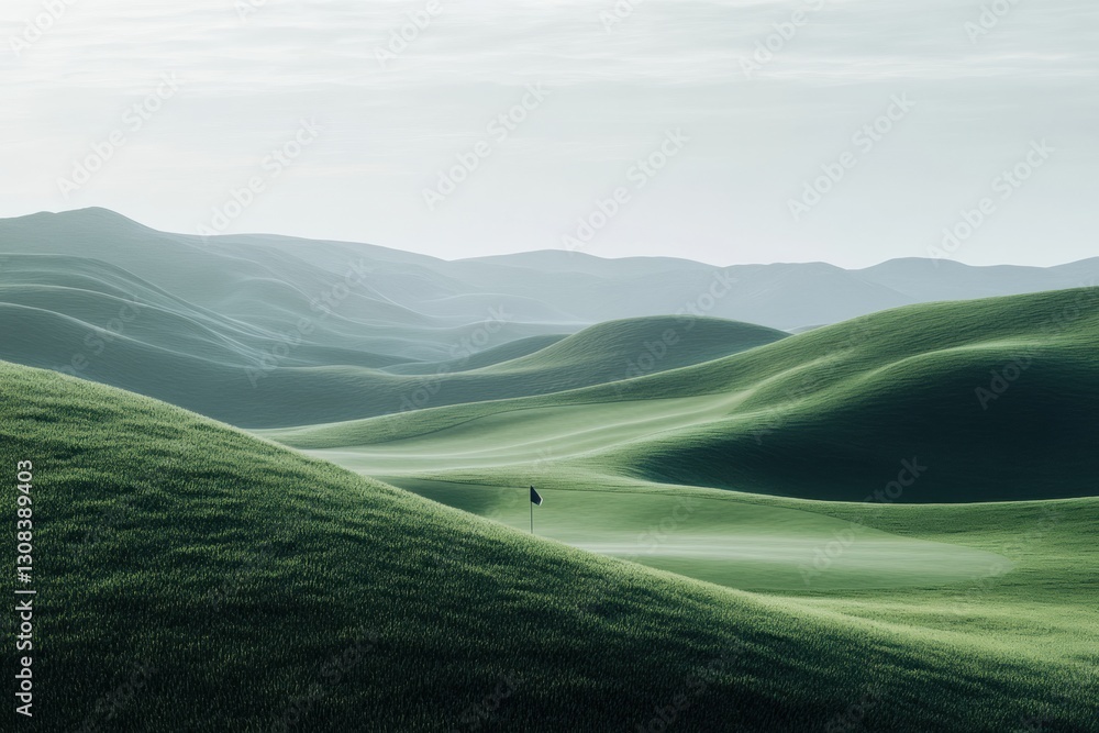 Poster serene golf course landscape with rolling hills and a flag marking the hole at golden ratio point po