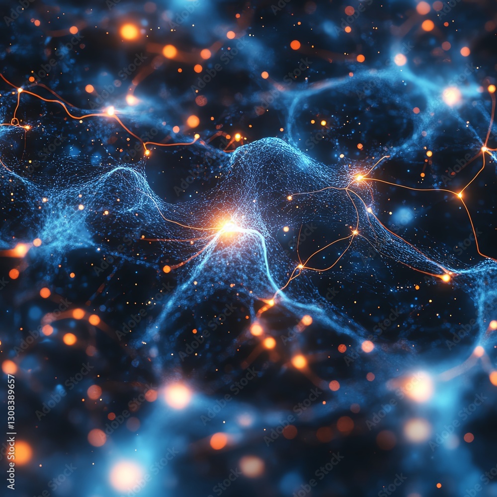 Poster Neural pathways concept with glowing connections, intricate web of electric light trails, abstract visualization of complex brain functions
