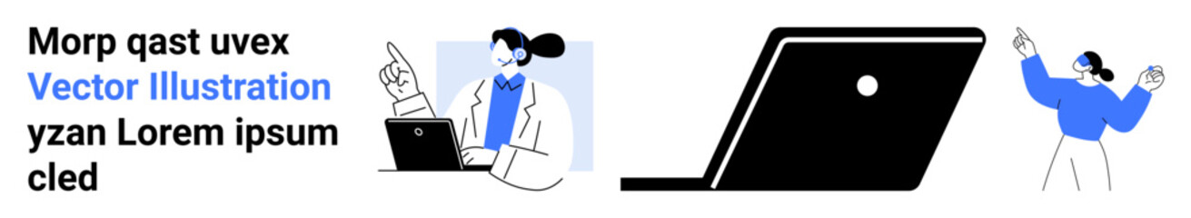 Woman explaining on laptop while gesturing, close-up of laptop, man celebrating. Ideal for technology, education, business communication, teamwork, innovation, professional success abstract line