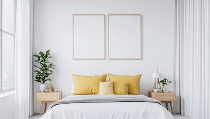 Minimalist bedroom interior with two framed mockups, displaying a modern, cozy, and bright atmosphere.