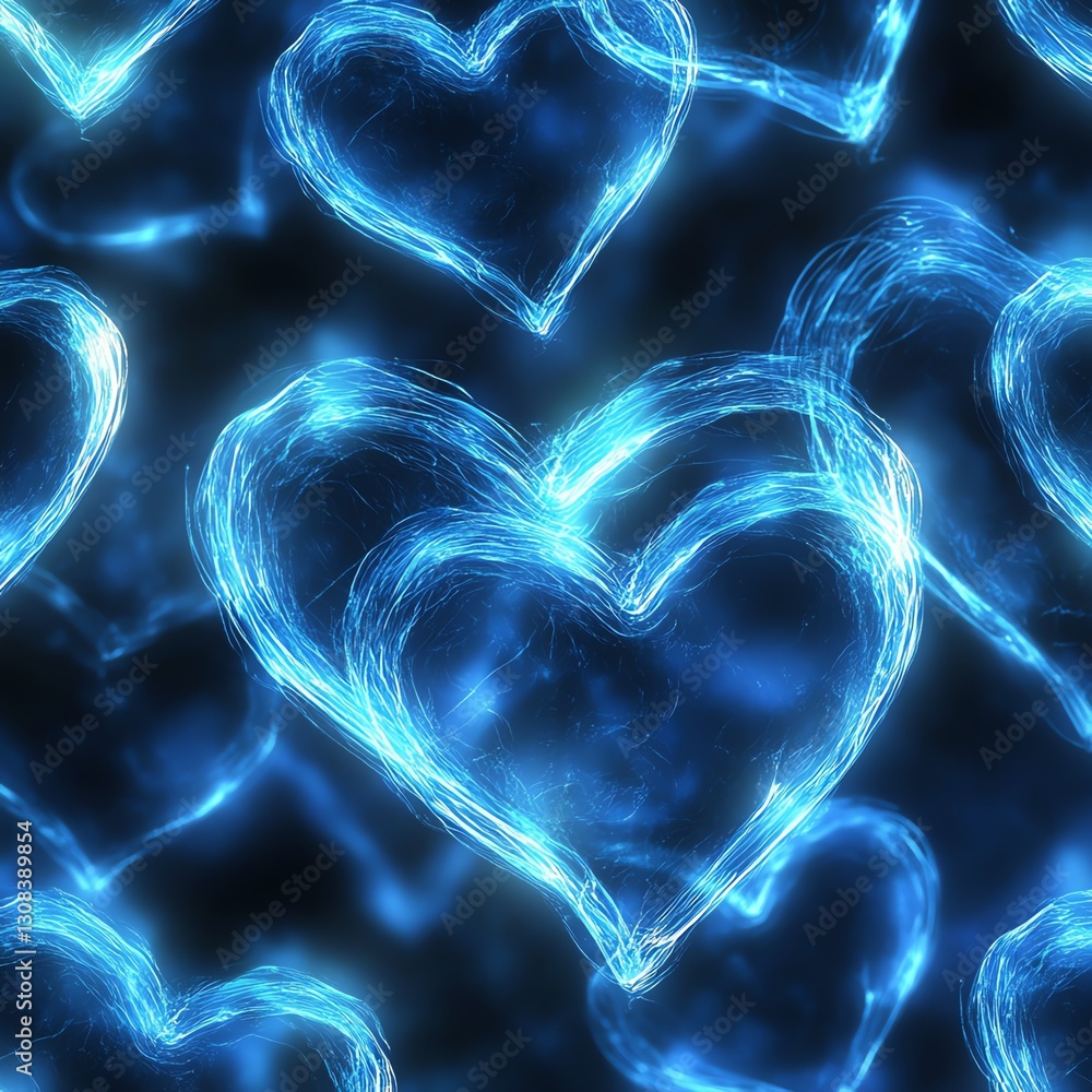Poster seamless pattern of glowing blue hearts with soft, radiant neon glow, creating a smooth, romantic ba