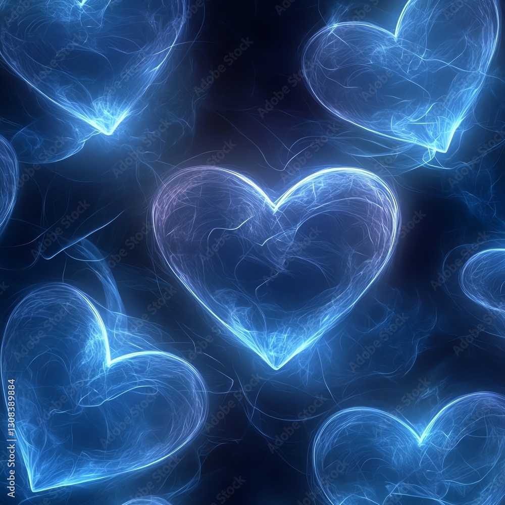 Poster seamless pattern of glowing blue hearts with soft, radiant neon glow, creating a smooth, romantic ba