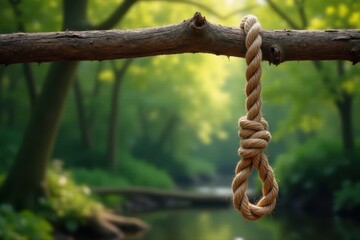 Obraz premium Rough-hewn rope noose hangs from weathered oak branch , branch, sinister, execution