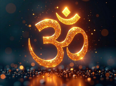 Generate an AI photo of an abstract, spiritual Omkara symbol, glowing with golden glitter and sparkle particles.  Focus on depth, a vibrant mood, warm lighting, and a sense of atmosphere.  Style shoul